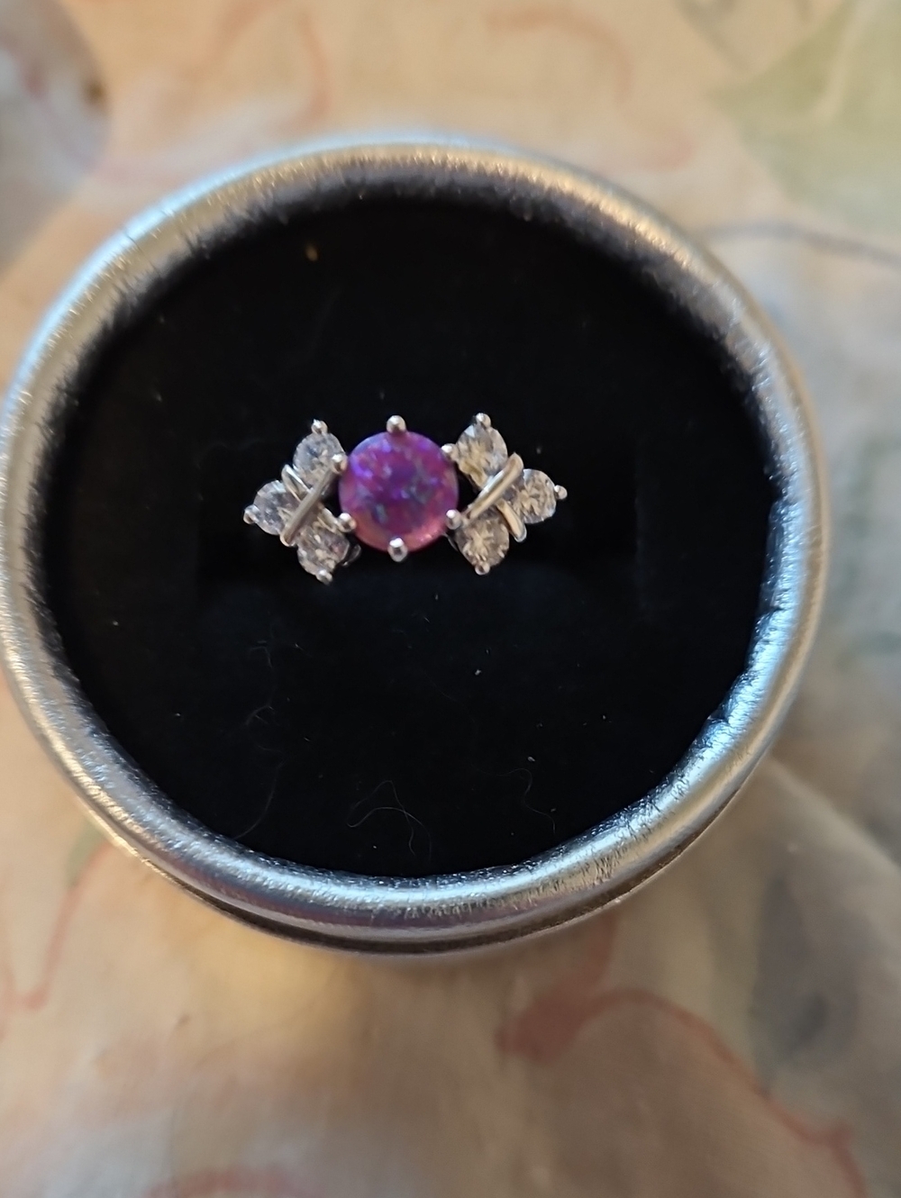 BRAND NEW ** Silver Ring with Purple Opal Center and Clear Accent Stones